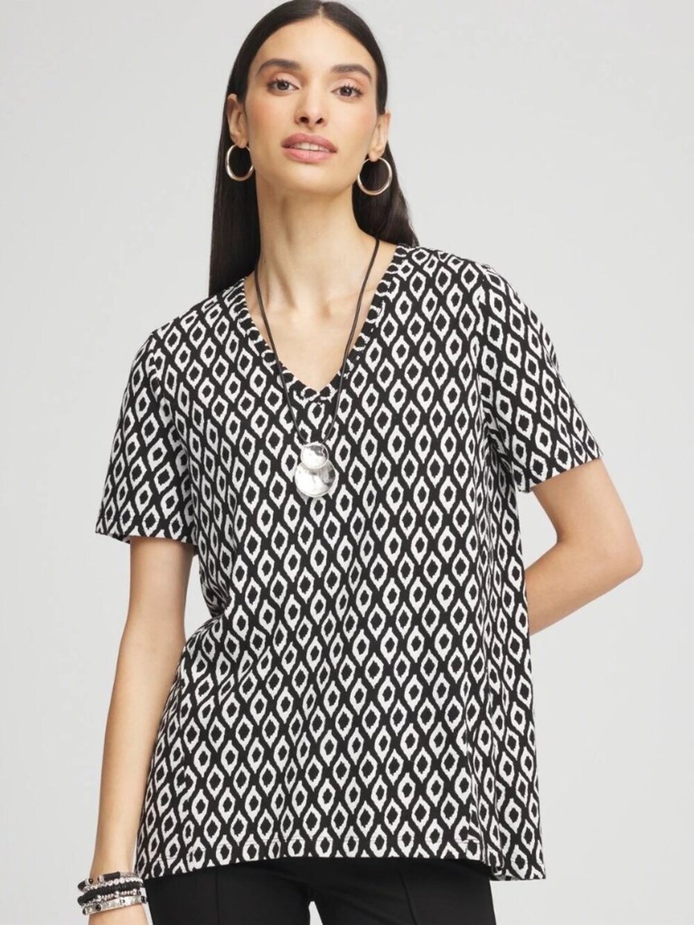 Chico's Black White Diamond Pattern Cotton Modal Short Sleeve Tee Size Large